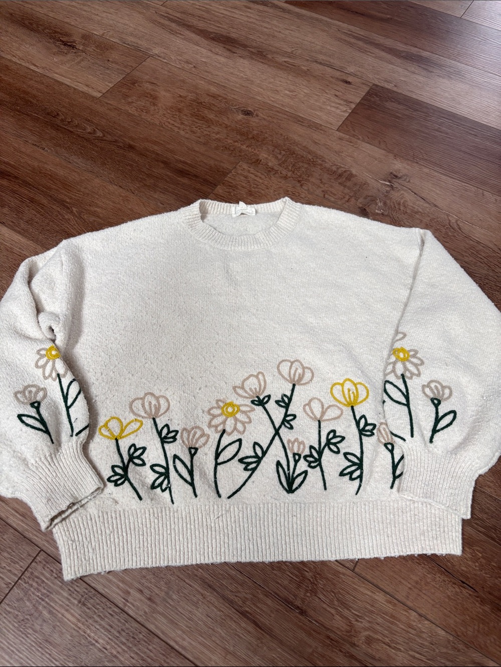 BiBi Cream Crewneck Sweater with Yellow & Green Floral Embroidery